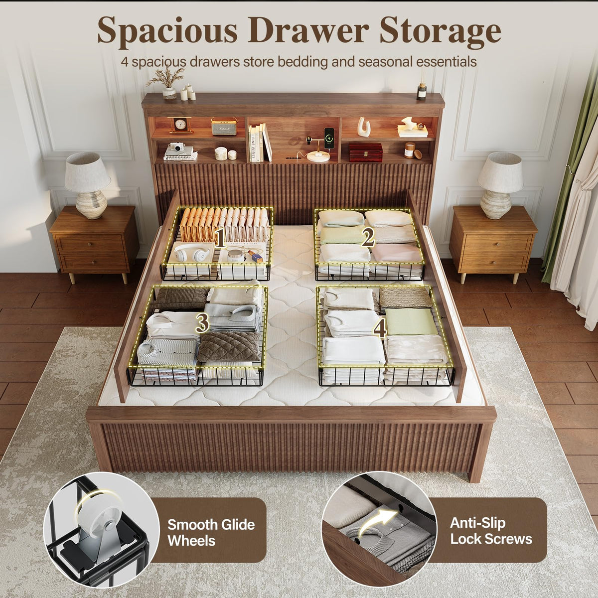 Queen Size Bed Frame with 4 Storage Drawers T373