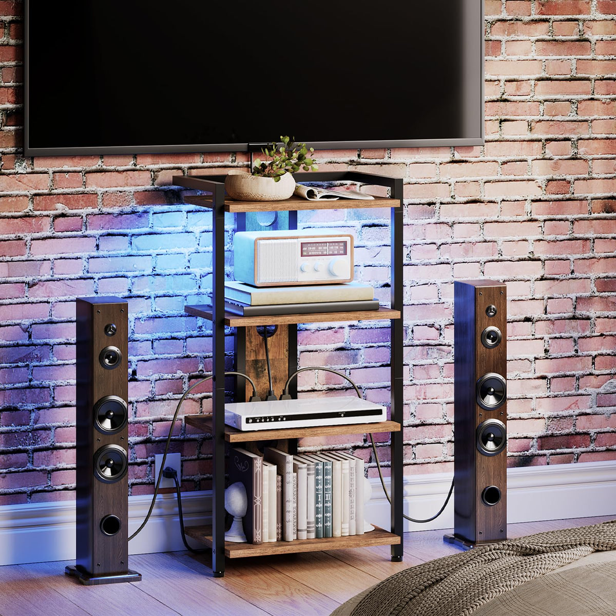 4-Tier Media Stand with Charging Station & LED Light A76236
