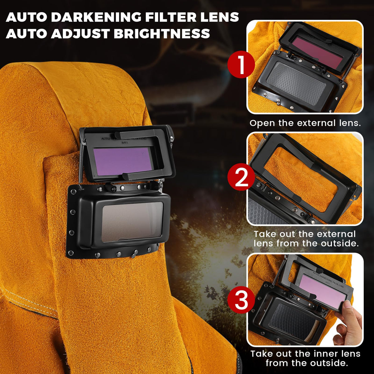 Leather Welding Hood with Auto Darkening Filter Lens V670