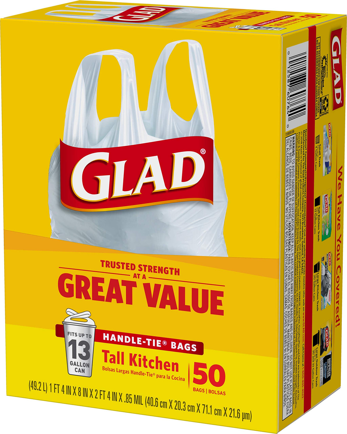 Tall Kitchen Trash Bags 13 Gallon Unscented Handle-Tie 50 Count V5867
