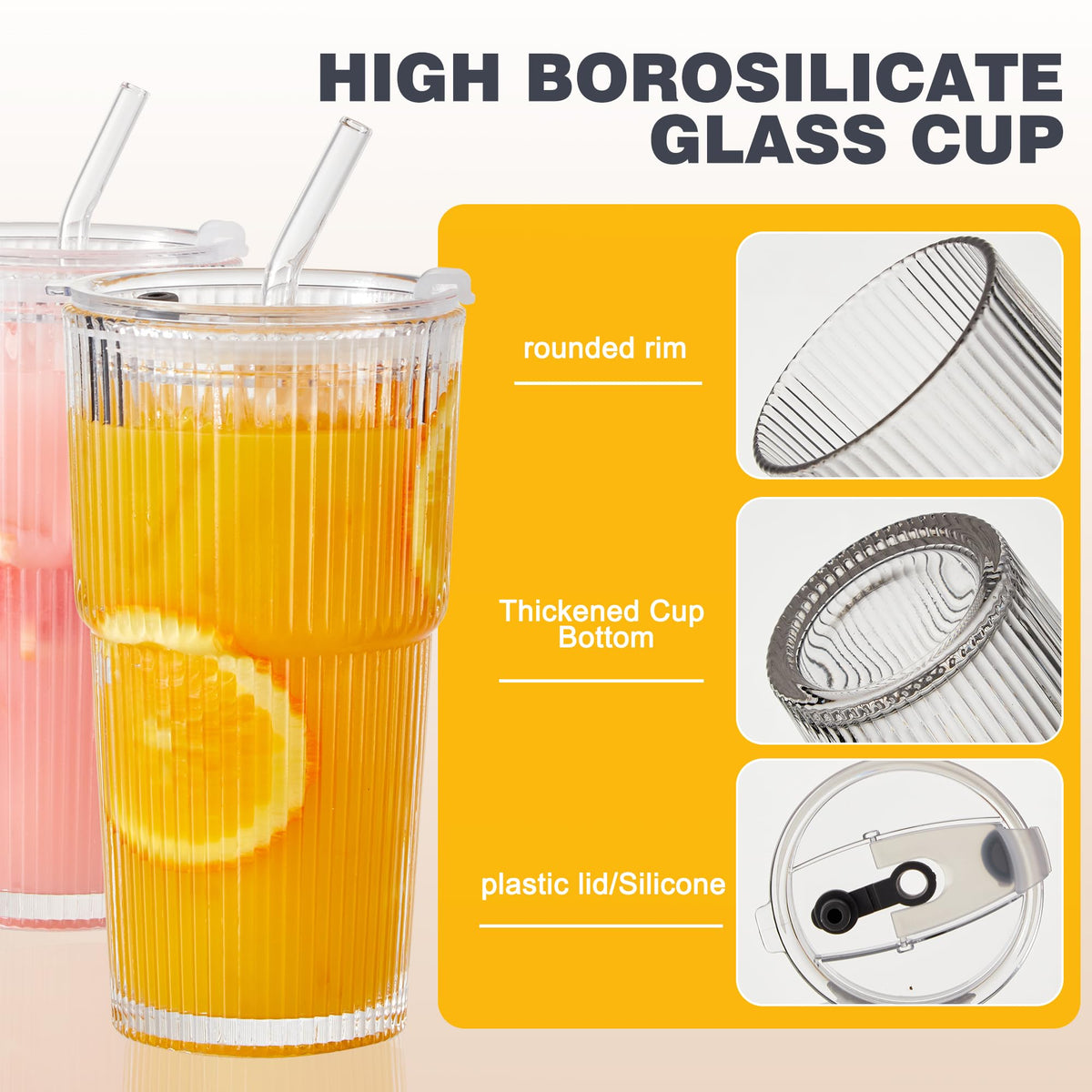 20oz Ribbed Glass Cups with Lids and Straws, Set of 4 W37571