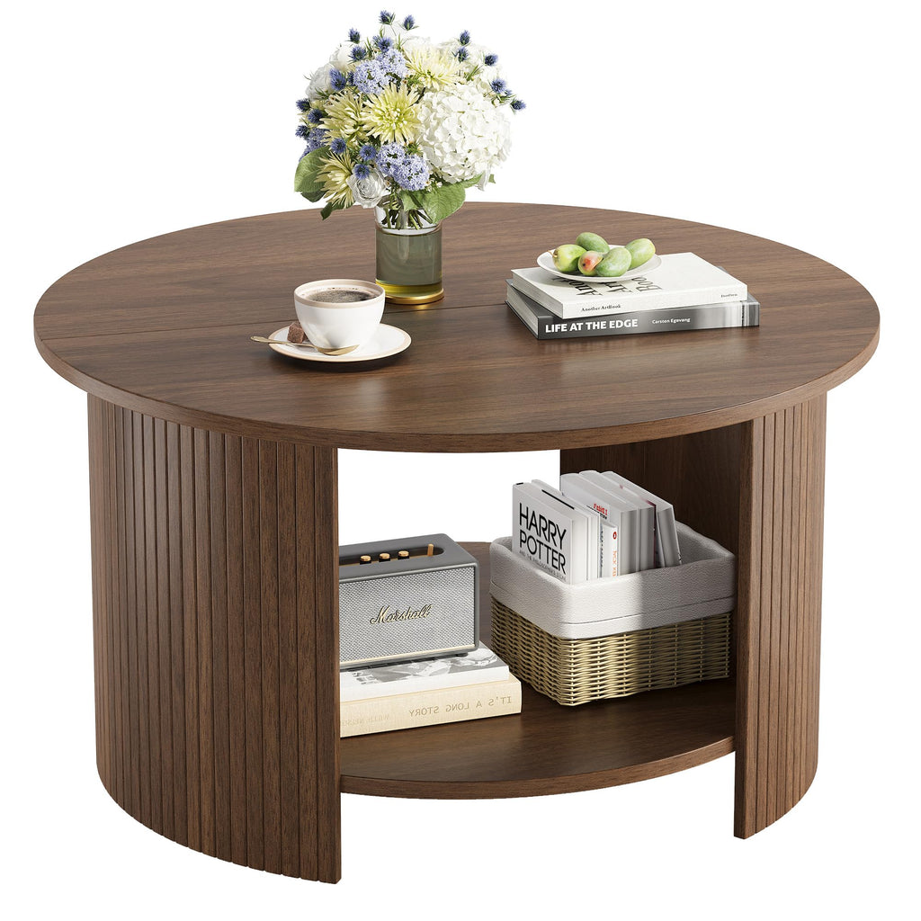 Round Coffee Table with Storage, 31.5" Modern Fluted 2-Tier Wood Coffee Table C530