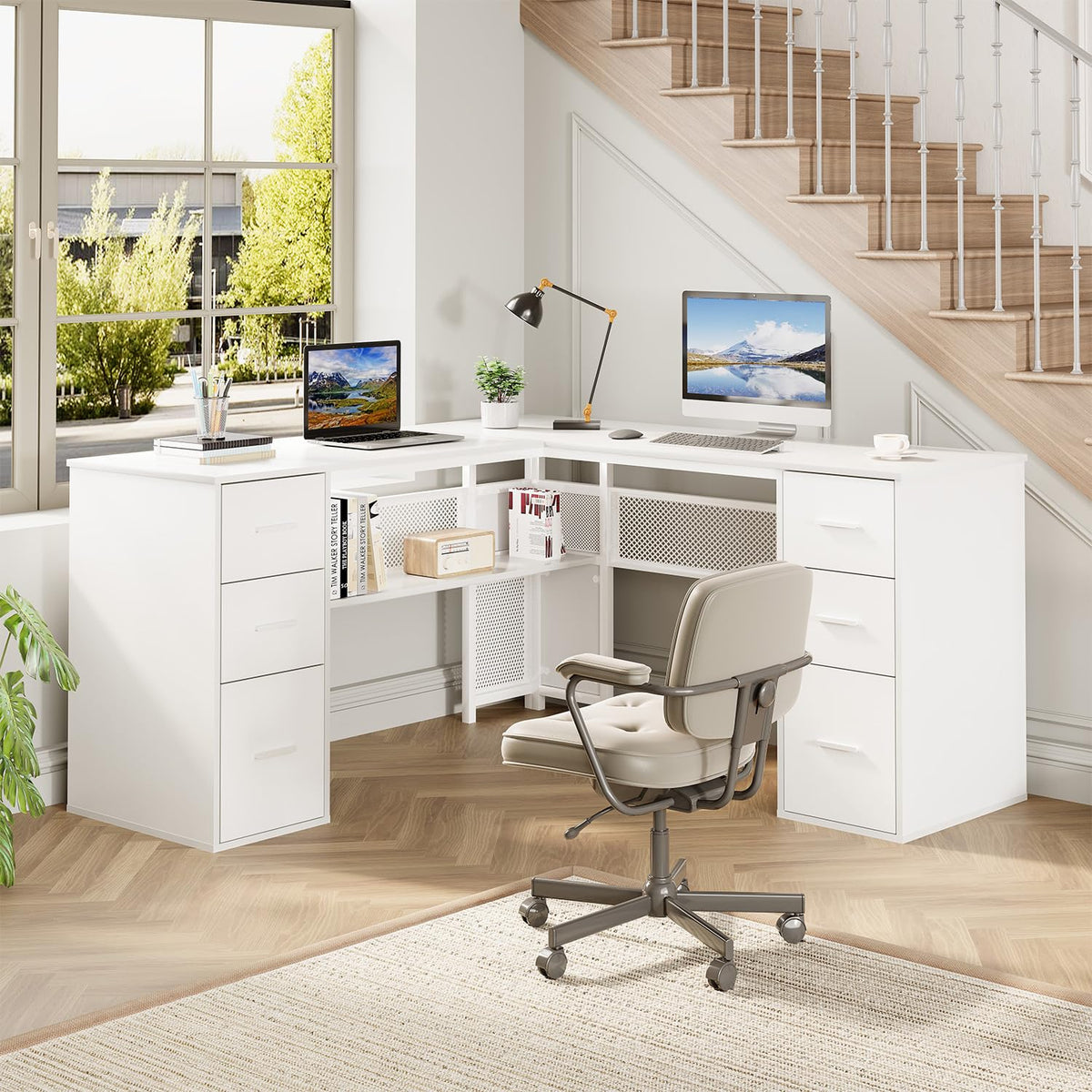 White L Shaped Desk with Drawers T193014