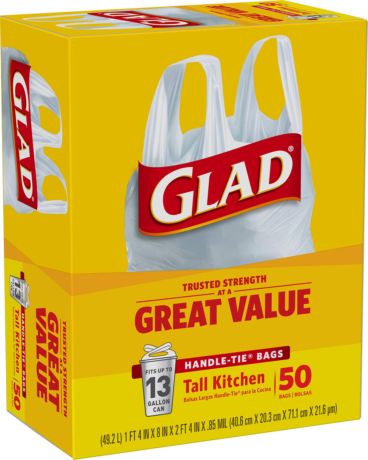 Tall Kitchen Trash Bags 13 Gallon Unscented Handle-Tie 50 Count V5867