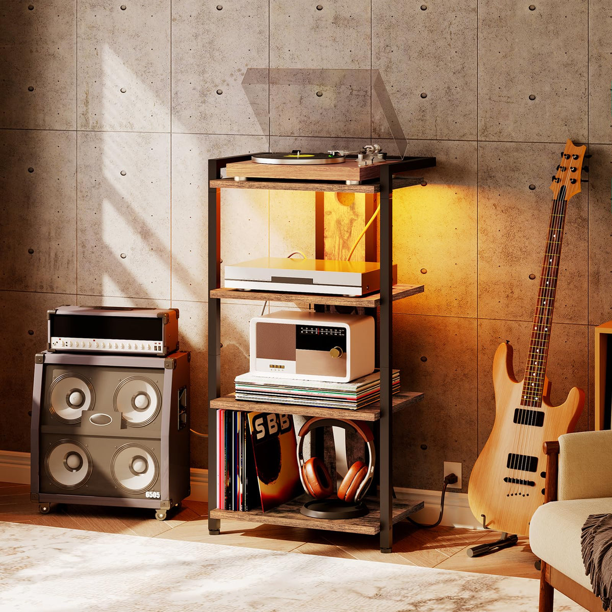 4-Tier Media Stand with Charging Station & LED Light A76236