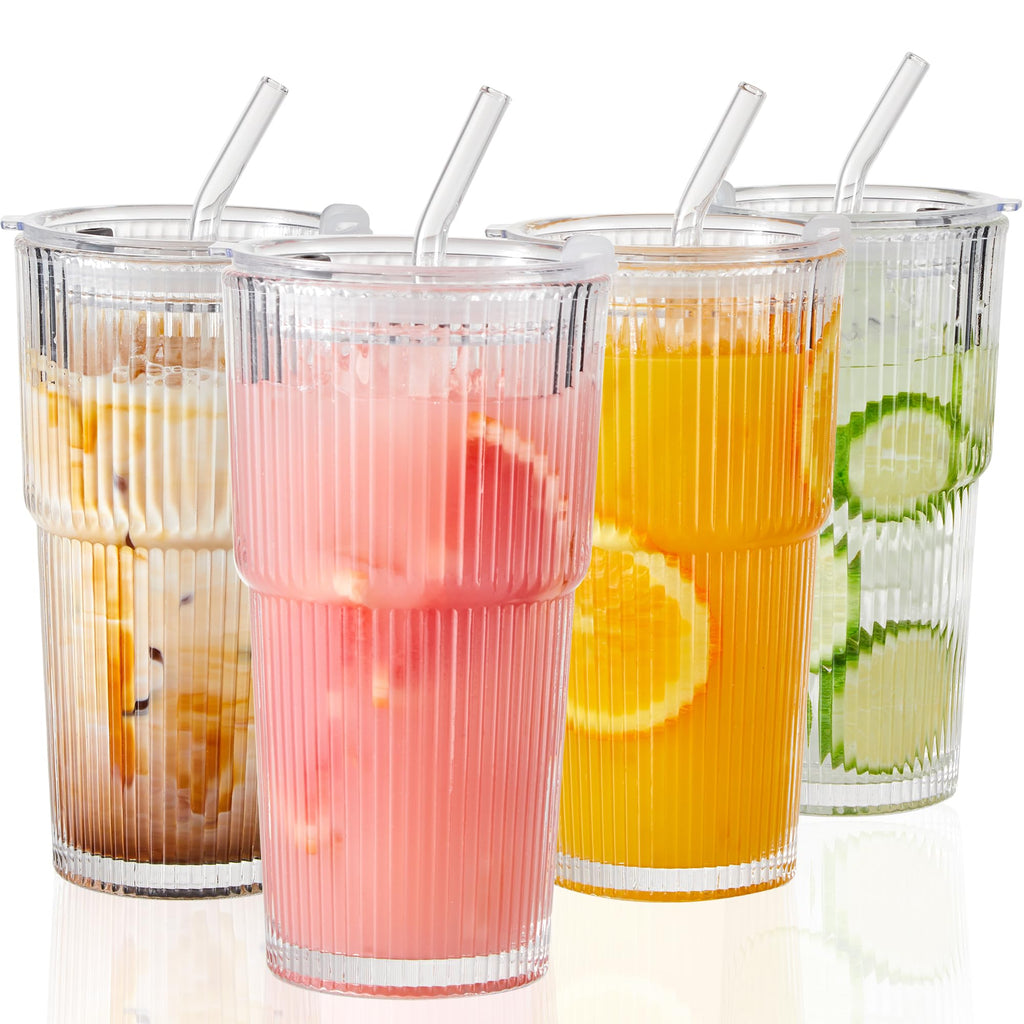 20oz Ribbed Glass Cups with Lids and Straws, Set of 4 W37571