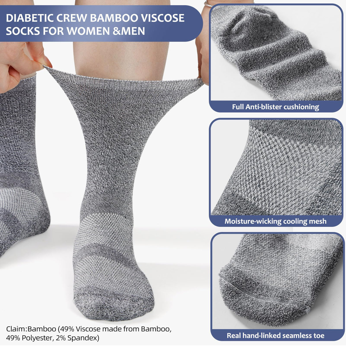 6 Pairs Non Binding Seamless Toe Crew Socks L9415