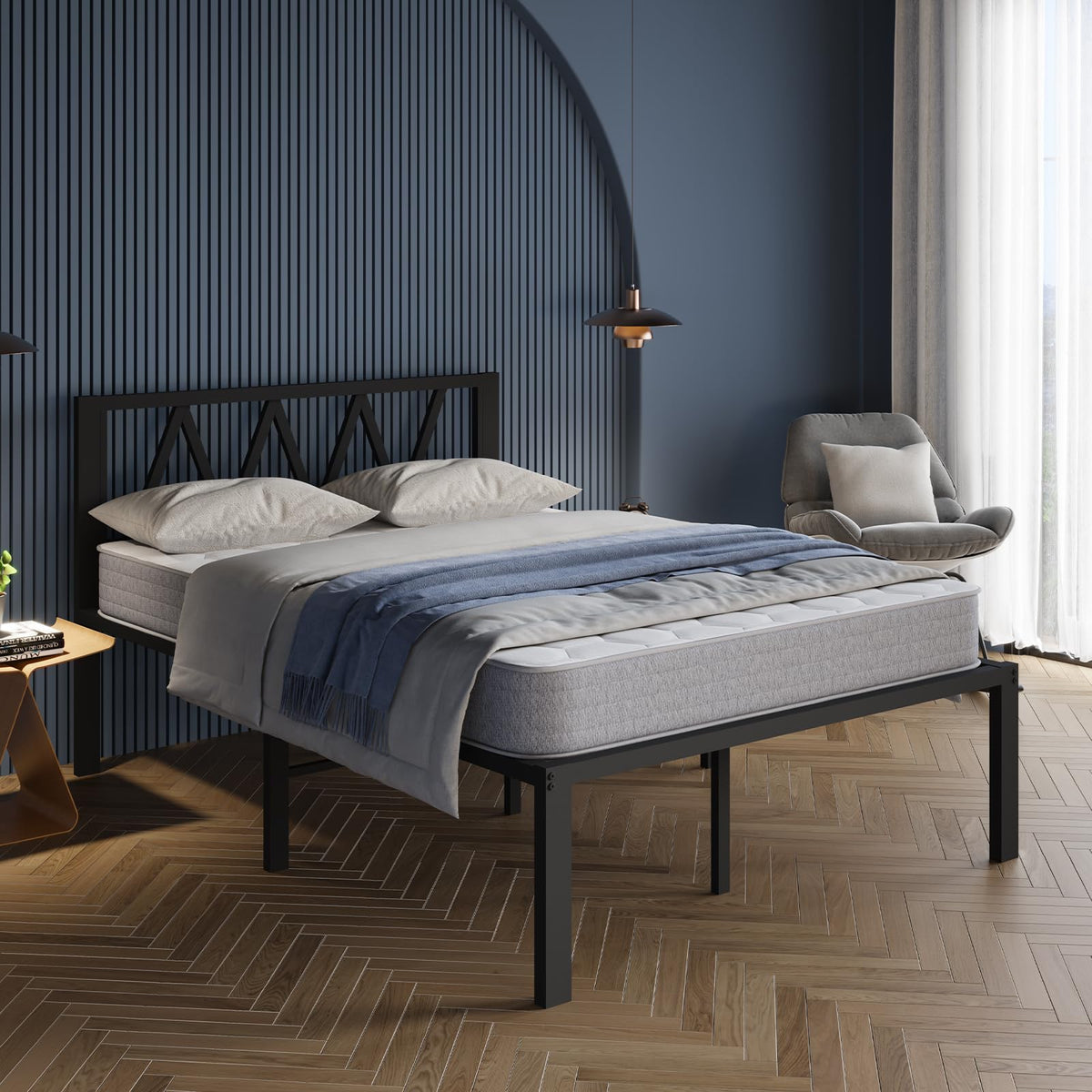 18 Inch Full Size Metal Platform Bed Frame with Headboard O9900