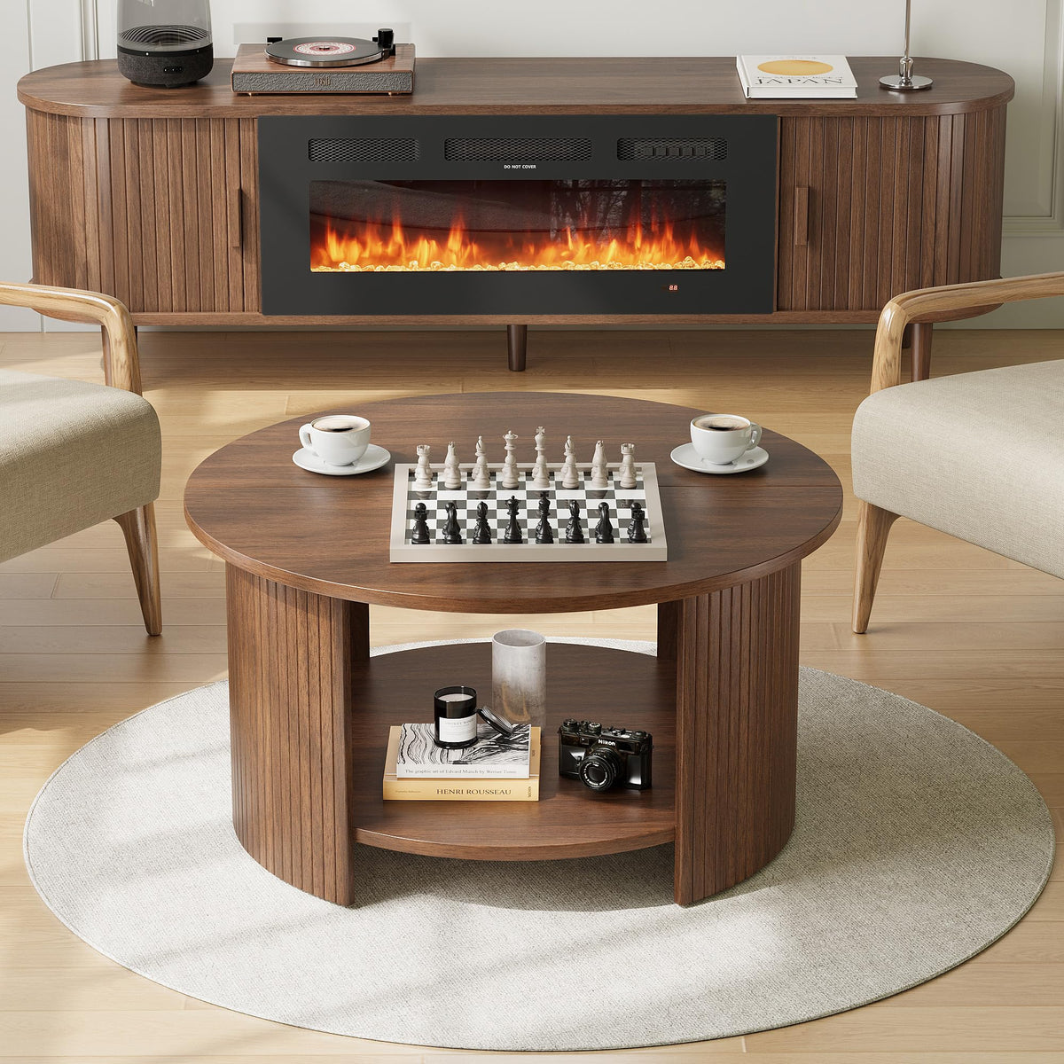 Round Coffee Table with Storage, 31.5" Modern Fluted 2-Tier Wood Coffee Table C530