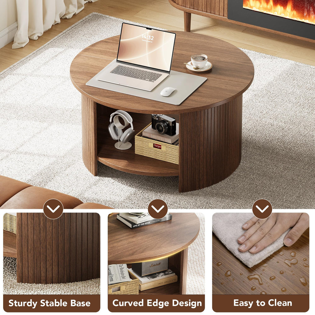 Round Coffee Table with Storage, 31.5" Modern Fluted 2-Tier Wood Coffee Table C530