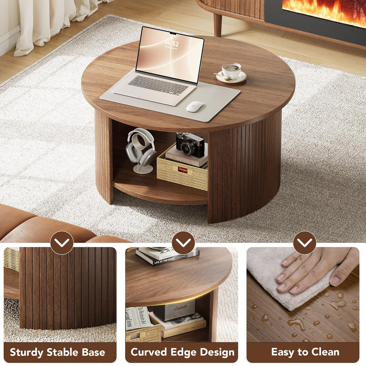 Round Coffee Table with Storage, 31.5" Modern Fluted 2-Tier Wood Coffee Table C530