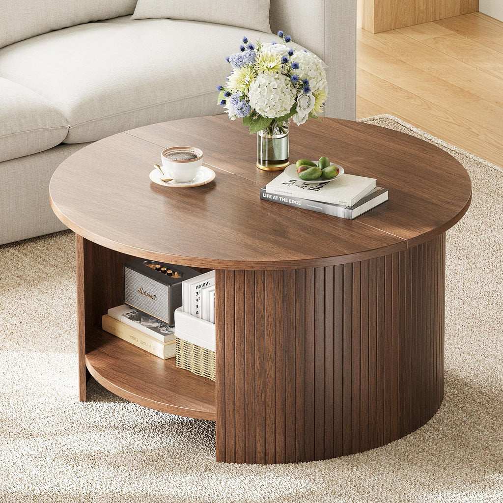 Round Coffee Table with Storage, 31.5" Modern Fluted 2-Tier Wood Coffee Table C530