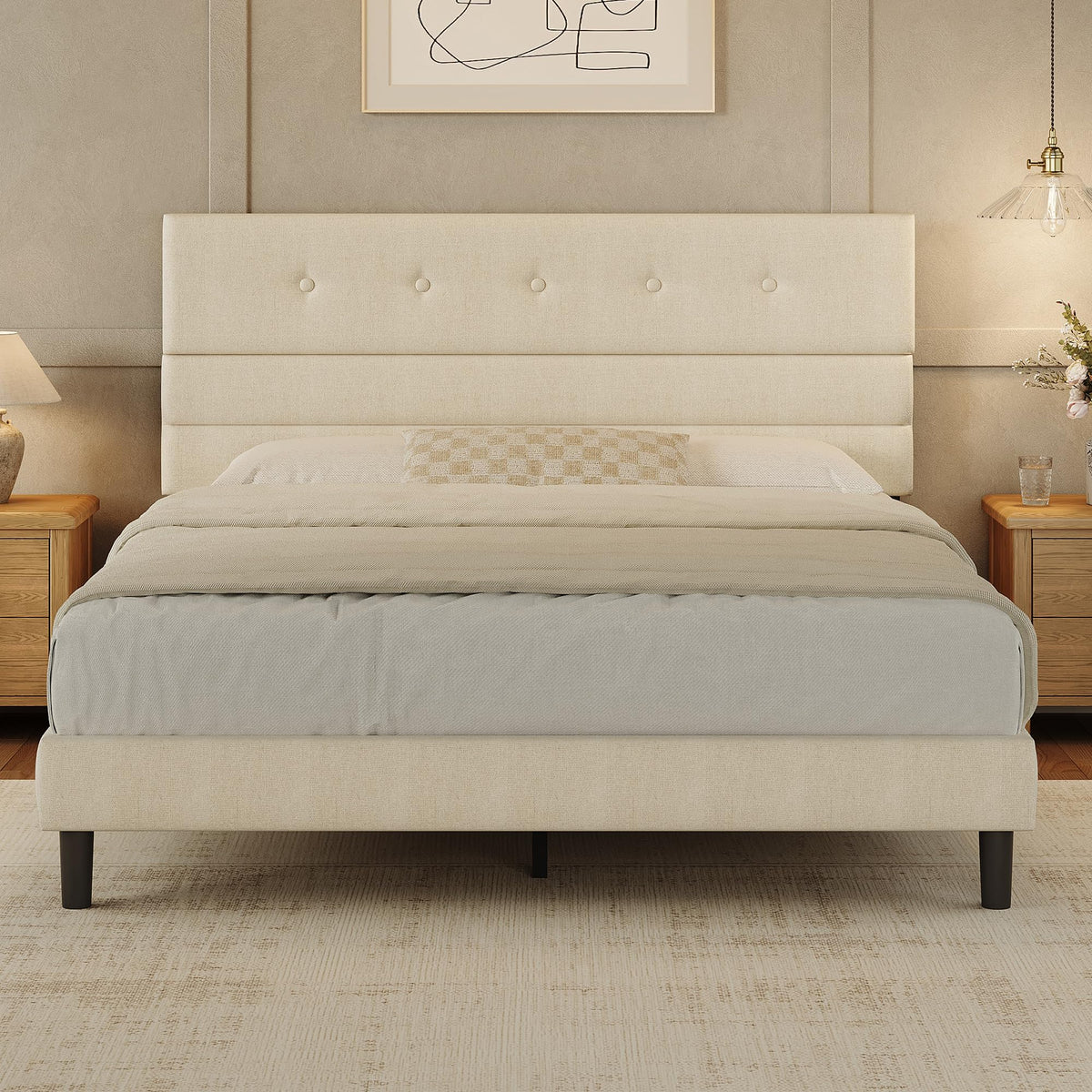 Queen Size Linen Fabric Upholstered Platform Bed Frame J662