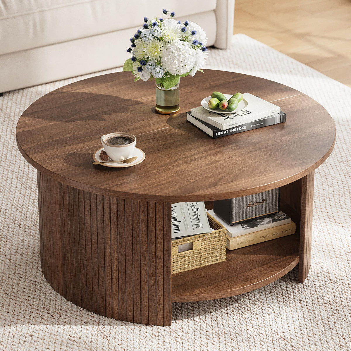 Round Coffee Table with Storage, 31.5" Modern Fluted 2-Tier Wood Coffee Table C530